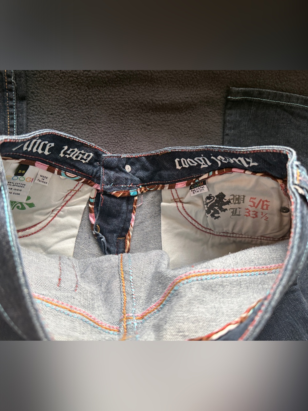 COOGI Dark Blue Denim Bootcut Jeans with Brown Patterned Pocket Trim - Picture 7 of 8